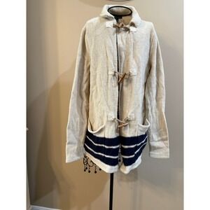 LRL Wool Fisherman's Cardigan Sweater Cream Navy Stripe w/ Toggle L